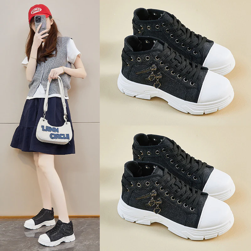 2025 ins tide Korean version of high-top canvas shoes for women's  spring new student running casual board shoes to increase the height of street shooting F01 - Deanwangkt