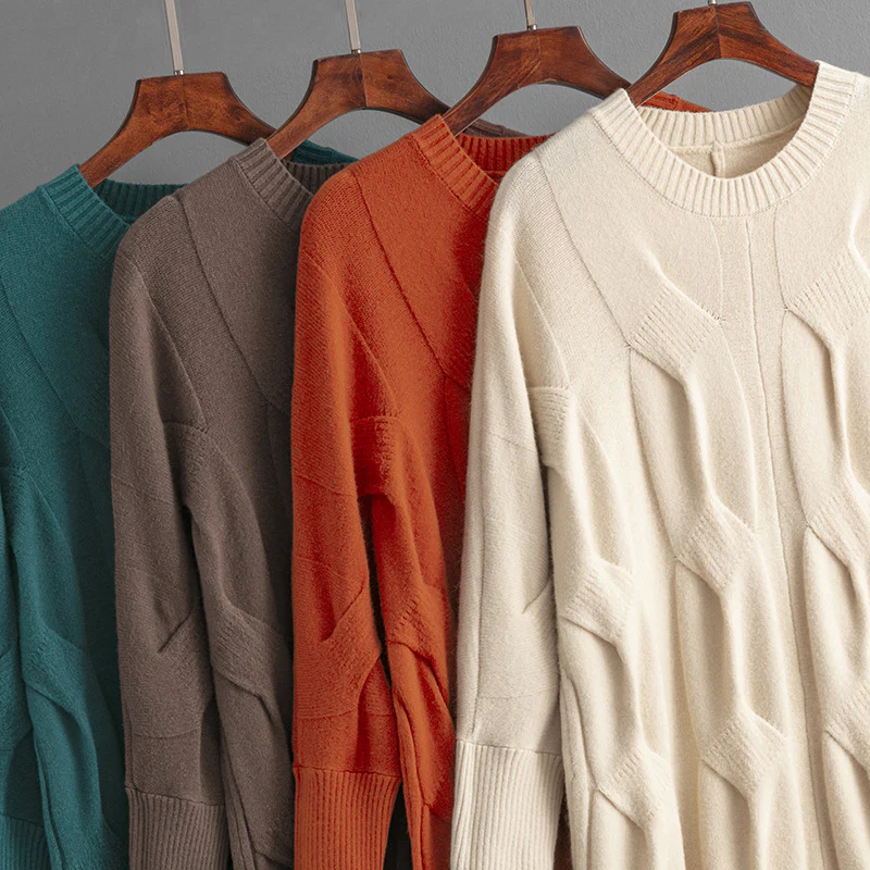 DEANWANGKT Pullover knitted sweater  autumn and winter new loose casual versatile crew neck twisted sweater medium and long bottoming shirt - Deanwangkt
