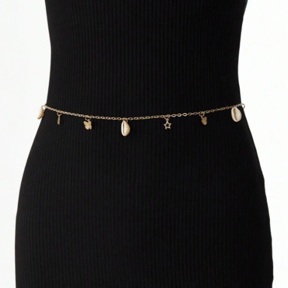 2025  FB3358  waist chain butterfly shell hollow pentagram pendant metal chain waist chain body chain - Deanwangkt