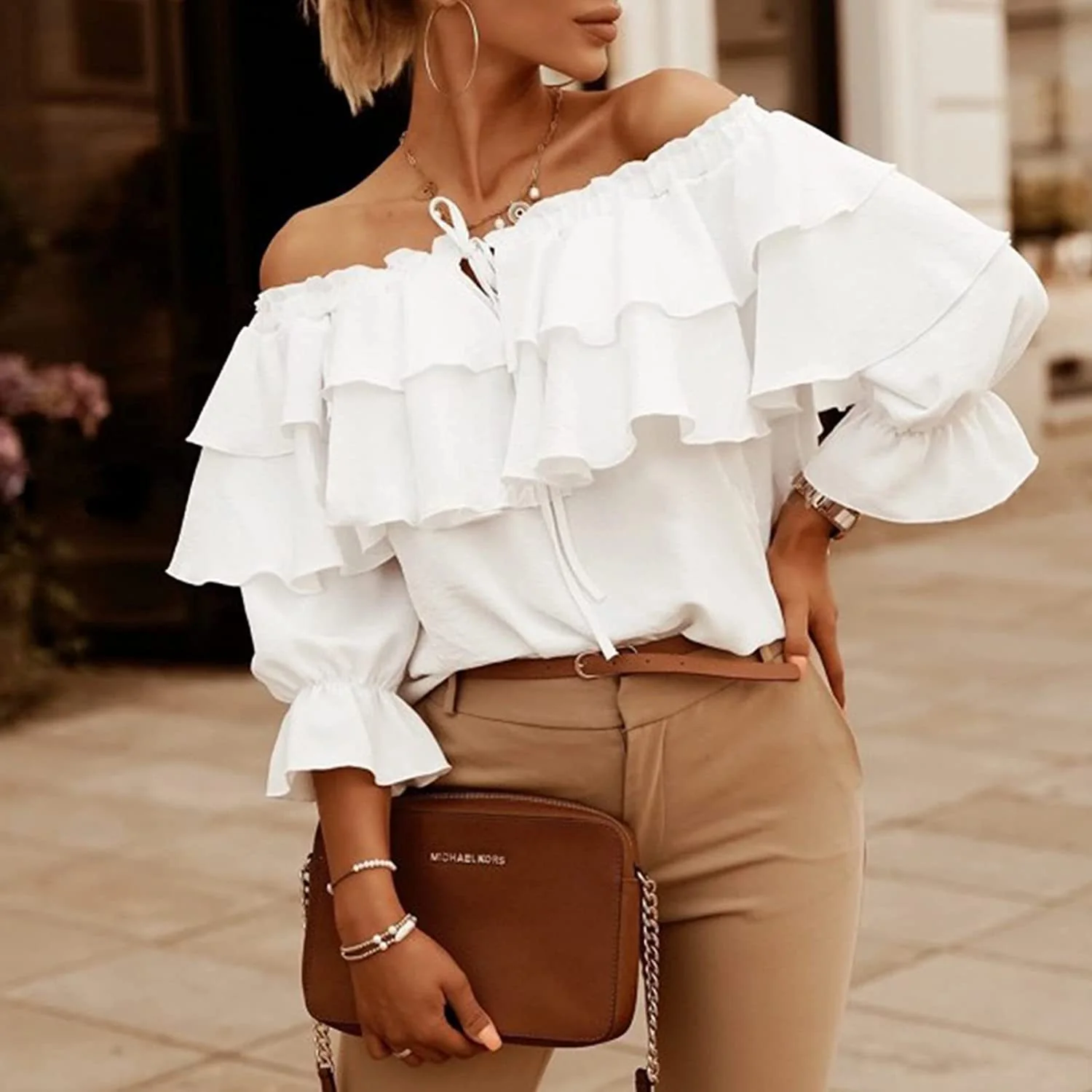 DEANWANGKT  Cross-Border off-the-Neck Chiffon Shirt Women's Elastic Shoulder Tied Lotus Leaf Top Women's Casual Loose Women's Sleeve - Deanwangkt