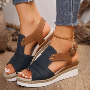 DEANWANGKT  Foreign Trade plus Size Straw High Heel Sandals Women's  New Thick-Soled Peep Toe Roman Shoes Buckle High Heel Women's Sandals - Deanwangkt