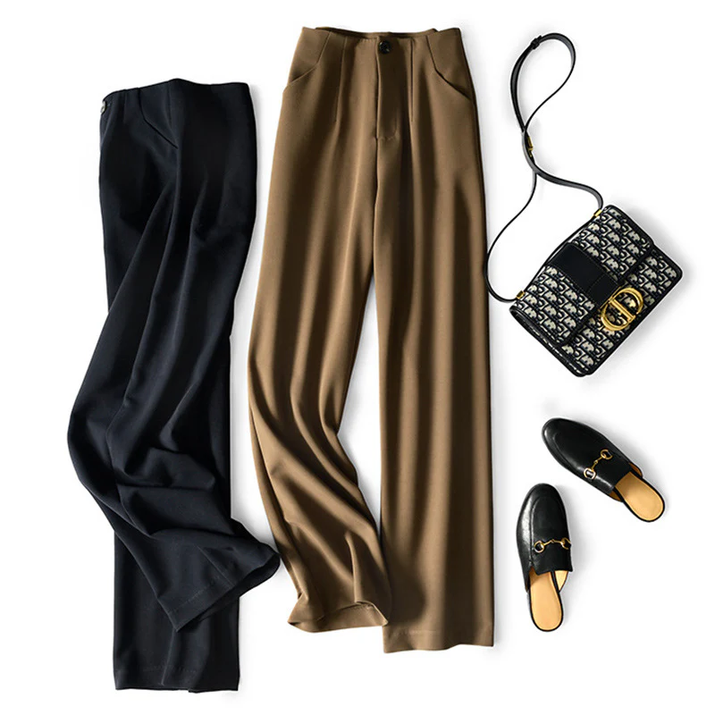 2025 Skinny wide-leg pants  summer women's clothing new, loose soft solid color khaki high-waisted commuter long pants - Deanwangkt