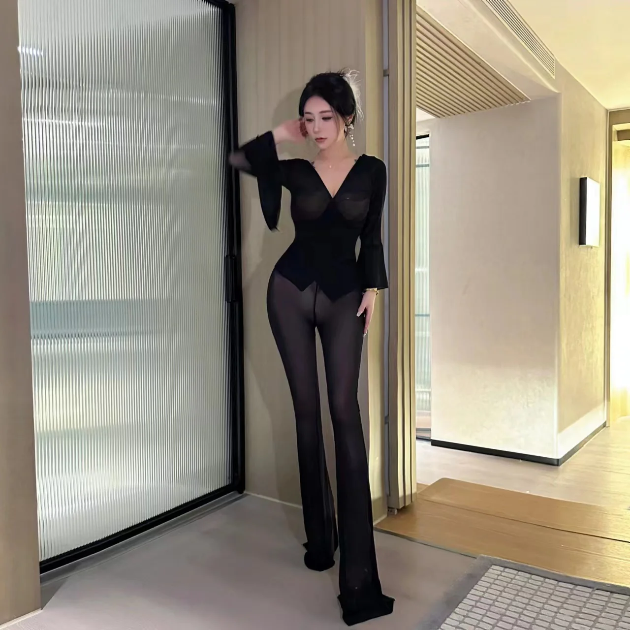 2025 Herberly sexy perspective nightclub evening dress night overalls long pants hotel ktv beauty princess show - Deanwangkt