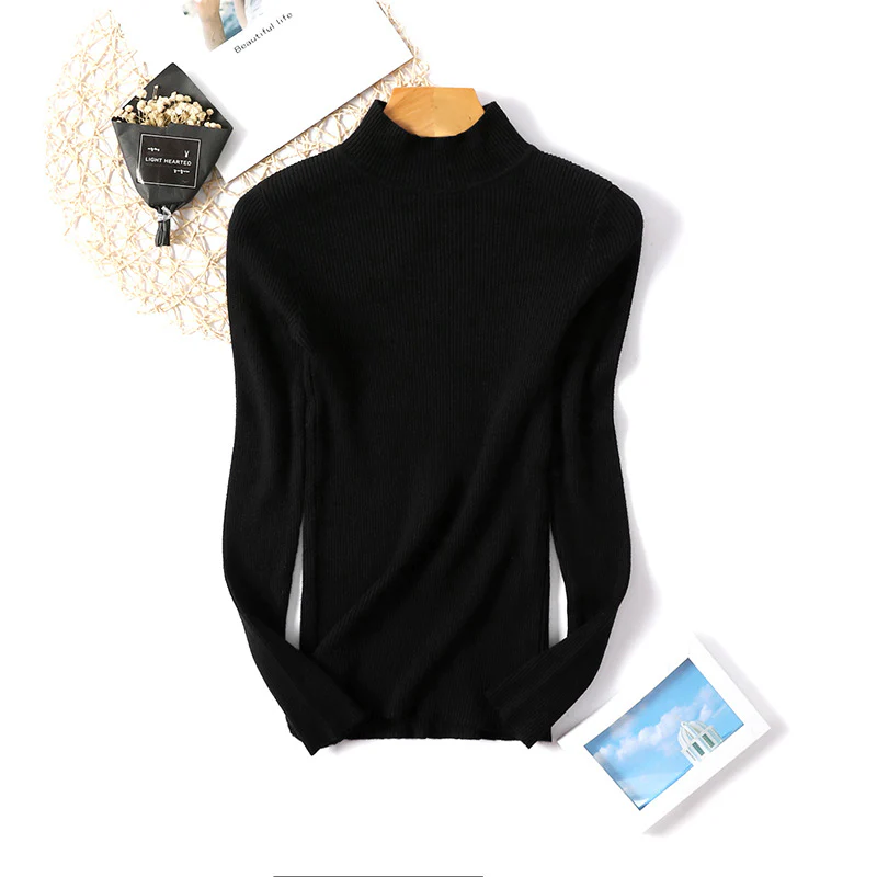 DEANWANGKT Semi-turtleneck sweater women's 2018 autumn and winter new sweater women's pullover slim-fitting knitted bottoming shirt comfortable long sleeves - Deanwangkt