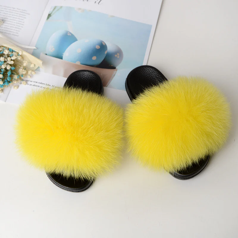 DEANWANGKT Fashion New Parent-Child Children's Slippers Summer Outdoor Plush Sandals Internet Celebrity Fox Fur Flip-Flops - Deanwangkt