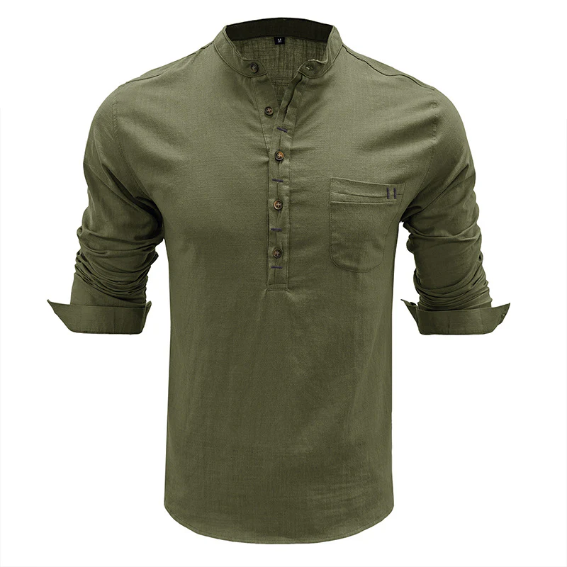 DEANWANGKT 2025 men's clothing  autumn and winter cotton and linen shirts, Popular trade long-sleeved Henry collar tops, loose men's linen shirts - Deanwangkt