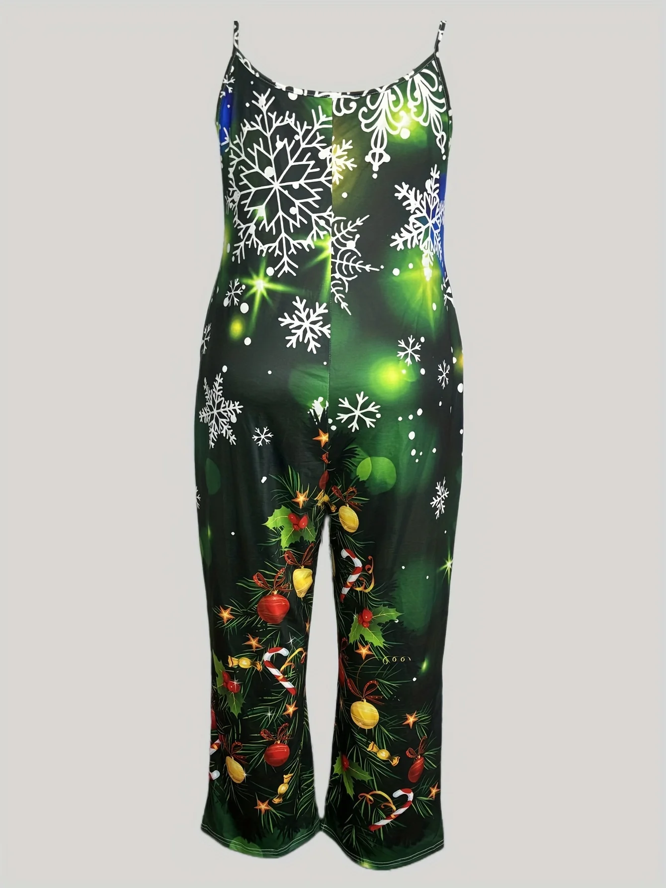 Festive Plus Size Cami Jumpsuit - Women's Plus Size Jumpsuits with Pockets, Casual Sleeveless Design, Christmas Tree Print, Comfortable and Relaxed Fit, Perfect for Holiday Party and Daily Wear - Deanwangkt