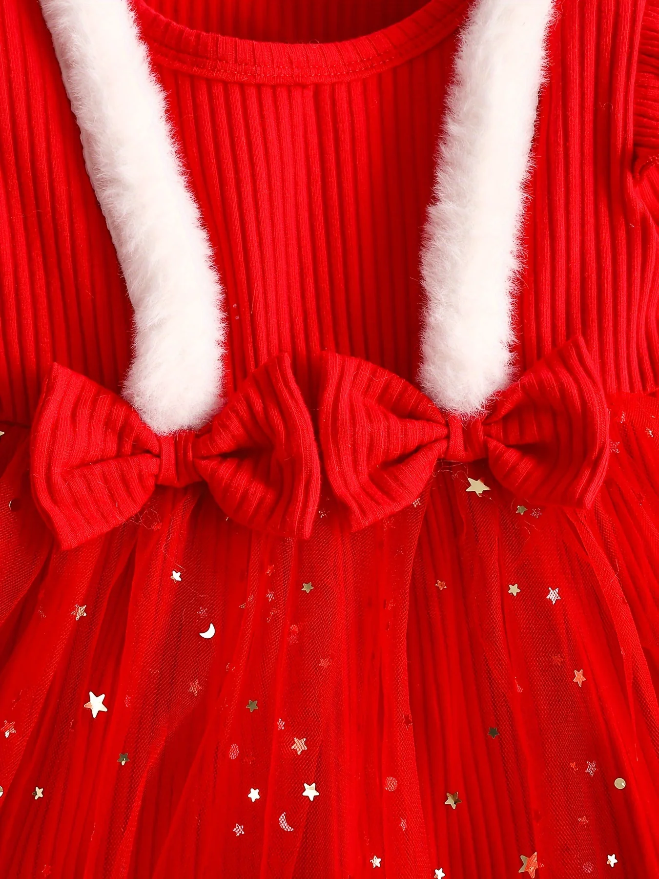 Baby's Christmas Style Fuzzy Trim Ruffled Long Sleeve Romper Dress, Toddler & Infant Girl's Onesie For Winter Festival Party & Outdoor Play - Deanwangkt