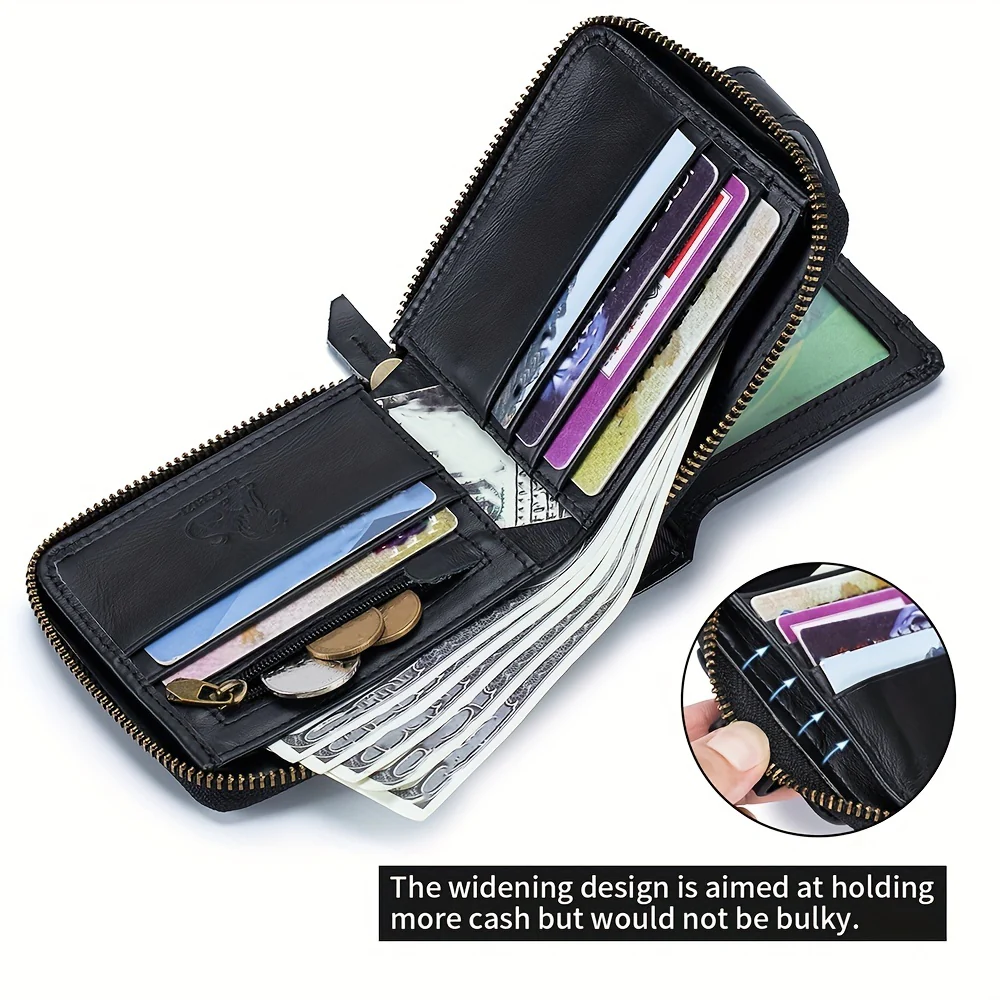 Large Capacity Mens Genuine Leather Wallet - Advanced RFID Blocking, Clear ID Window, Multiple Card Slots, Secure Zipper Coin Pocket - Perfect Gift Idea for Fathers Day or Any Special Occasion - Deanwangkt