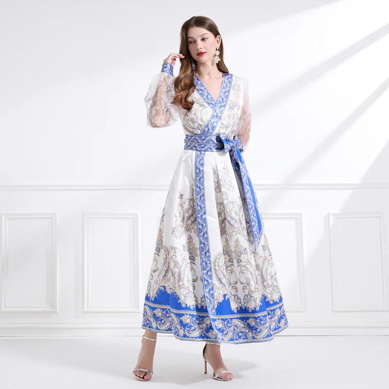 retro court style printed dress for women's design, waist strap V-neck lantern long-sleeved knee dress - Deanwangkt