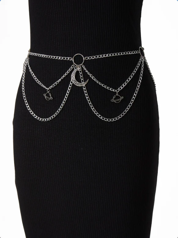 MW3298 2025 waist chain alloy hollow moon planet pendant ring connected waist chain body chain - Deanwangkt