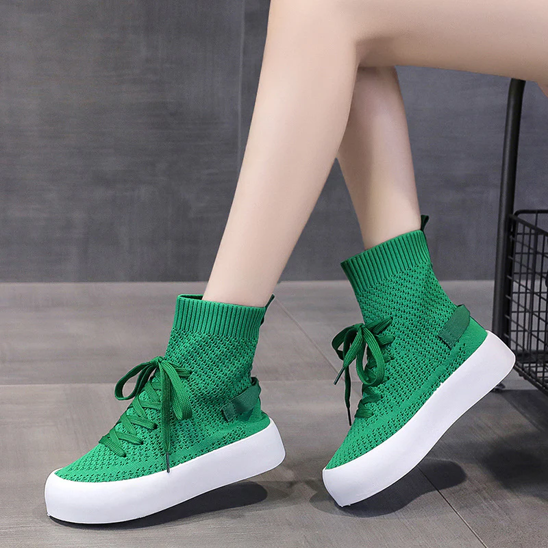 Stretch Sock Shoes Women's  Summer New Breathable Thin Leisure Sports Flat Bottom Slip-on Slimming Knitted Boots - Deanwangkt
