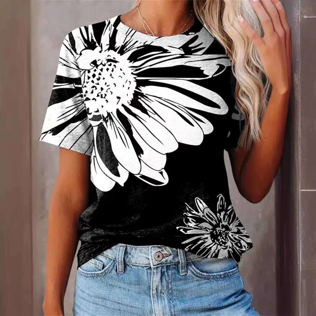 DEANWANGKT  European and American Women's Clothing Summer New Foreign Trade 3D Plant Flower Digital Printed round Neck Short Sleeve Women's T-shirt ME15 - Deanwangkt
