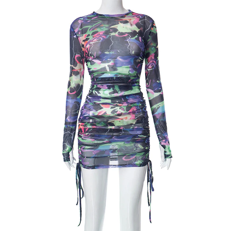 2025 M23DS509  women's clothing autumn new sexy mesh printing long-sleeved slim-fitting crew neck drawstring short dress - Deanwangkt