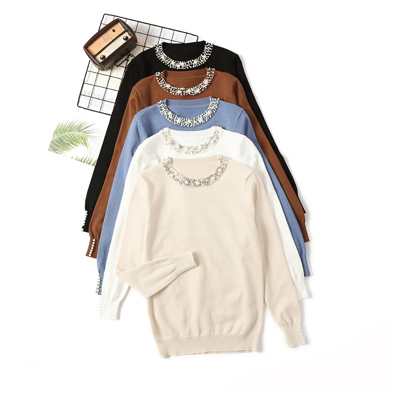 DEANWANGKT Korean version of the new autumn and winter beaded pullover sweater women's round neck long-sleeved knitted sweater loose and thin temperament bottoming shirt women - Deanwangkt