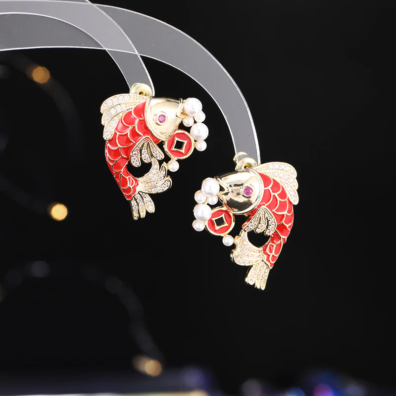 2025 New Year's earrings gather wealth koi fashion enamel painted smart earrings s925 silver needle Guochao light luxury creative earrings - Deanwangkt