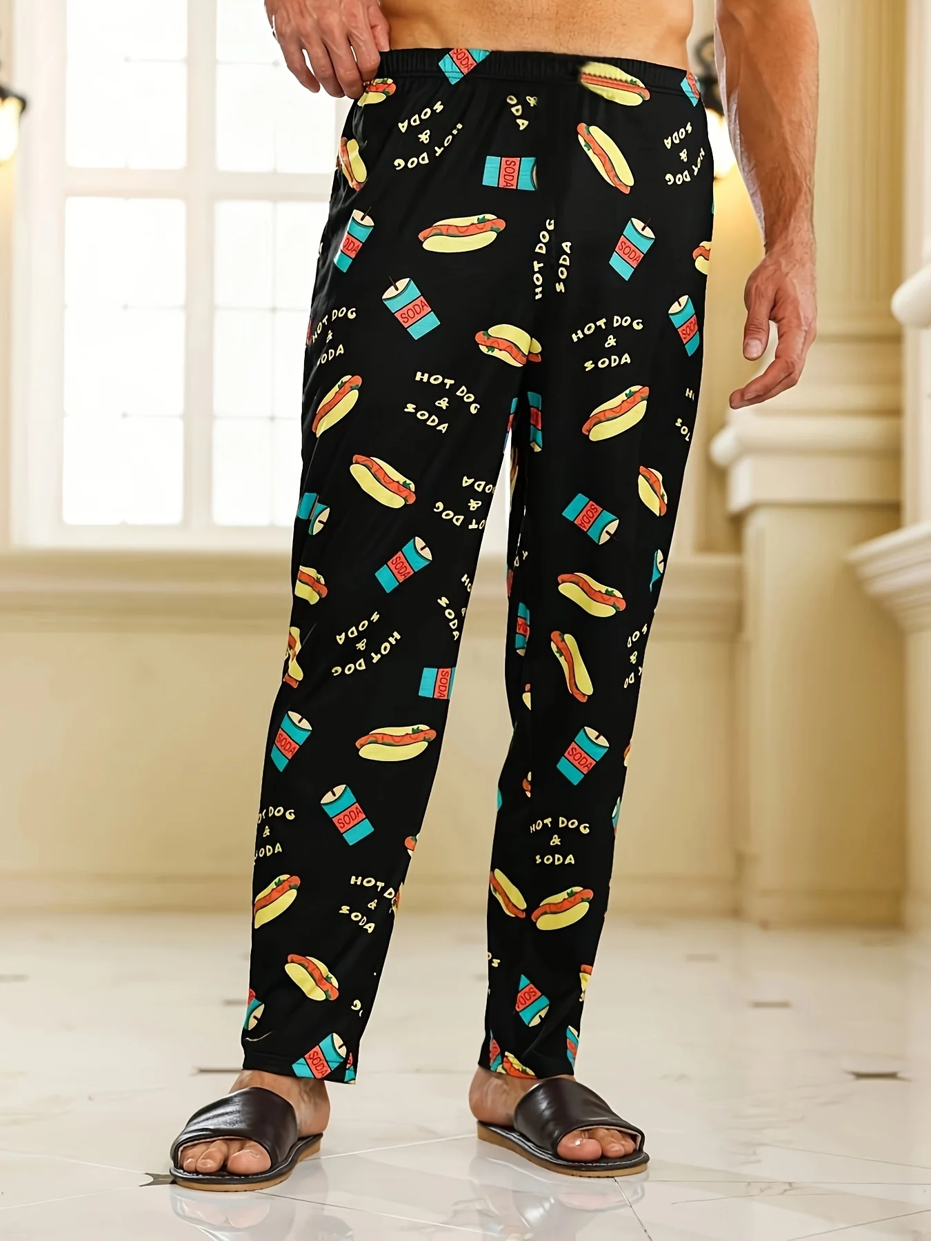 Men's Trendy Hamburger Soda Drinks Print Loose Pajama Pants, Stylish All-match Pants, Comfy & Breathable For Summer - Deanwangkt