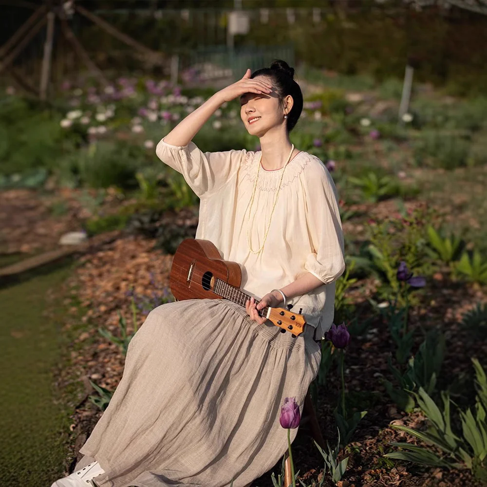 popular embroidered cotton jumper loose and light literary seven-quarter-sleeved top women's summer new A0545 - Deanwangkt