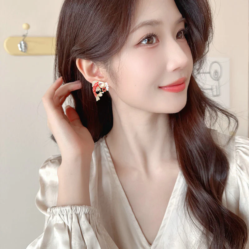 2025 New Year's earrings gather wealth koi fashion enamel painted smart earrings s925 silver needle Guochao light luxury creative earrings - Deanwangkt