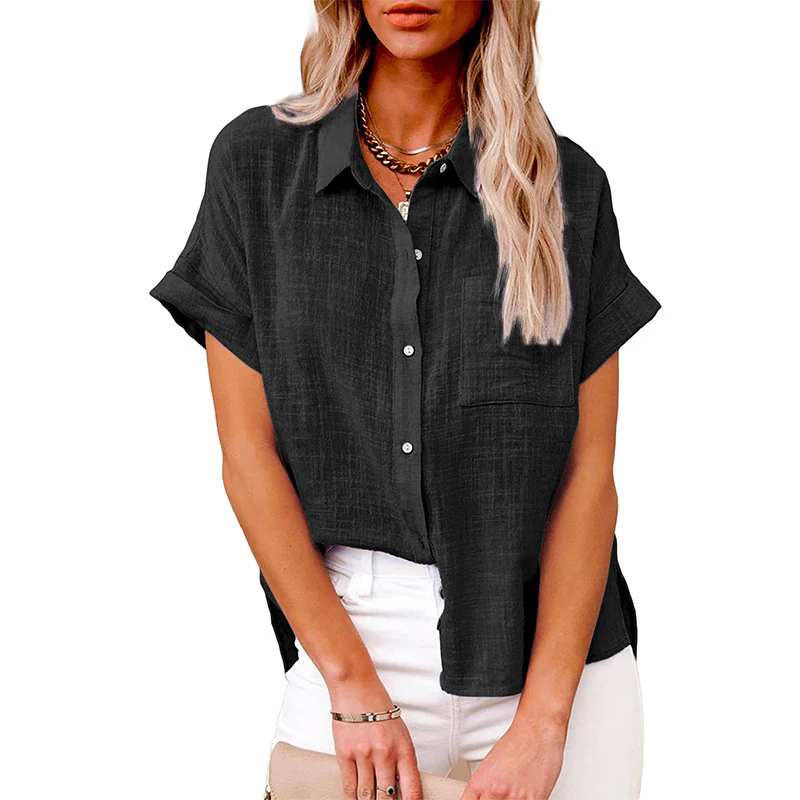 DEANWANGKT  Temu Summer New  Cross Border Women's Solid Color Linen Shirt Short Sleeve Casual Loose Shirt - Deanwangkt