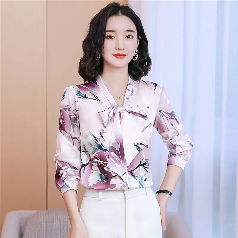 Women's Designer Floral Printed Shirt With Neck Bow Plus Size Elegant Long Sleeve Office Ladies Runway Silk Button Shirts Sweet Girl Chic Satin Blouses Red Tops - Deanwangkt