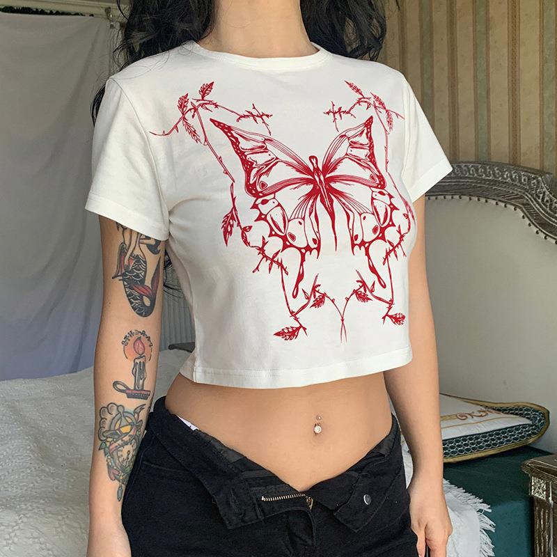 DEANWANGKT  Jfl22585 Hot Girl Cropped T-shirt Women's Summer Fashion Butterfly Print Crew Neck Short Sleeve T-shirt Cropped Top - Deanwangkt
