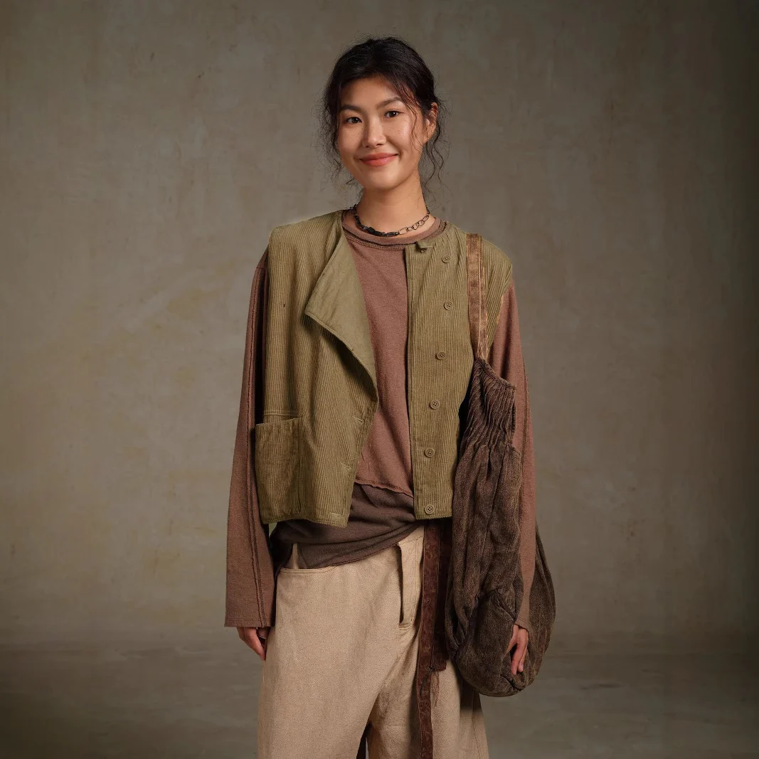 popular Spring and Autumn Maillard Women's Clothing Coat Corduroy Asymmetrical Cotton Literary Vest Vest A1006 - Deanwangkt