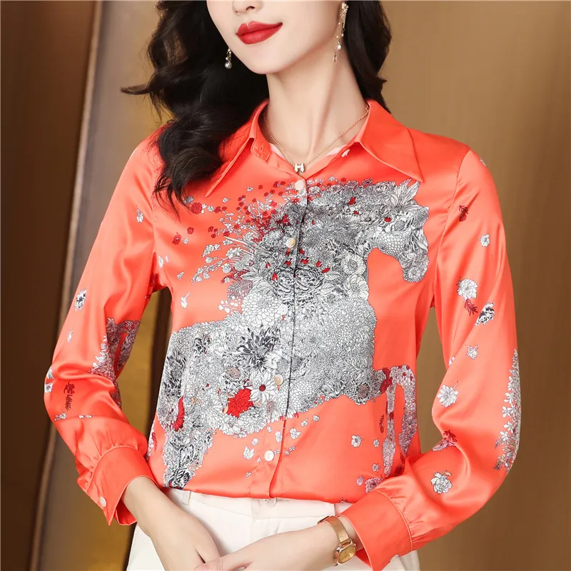 Printed Women Designer Lapel Shirts Silk Black Long Sleeve Elegant Fit Shirt Office Ladies Button Front Casual Satin Blouses Spring Fall Chic Slim Runway Tops - Deanwangkt