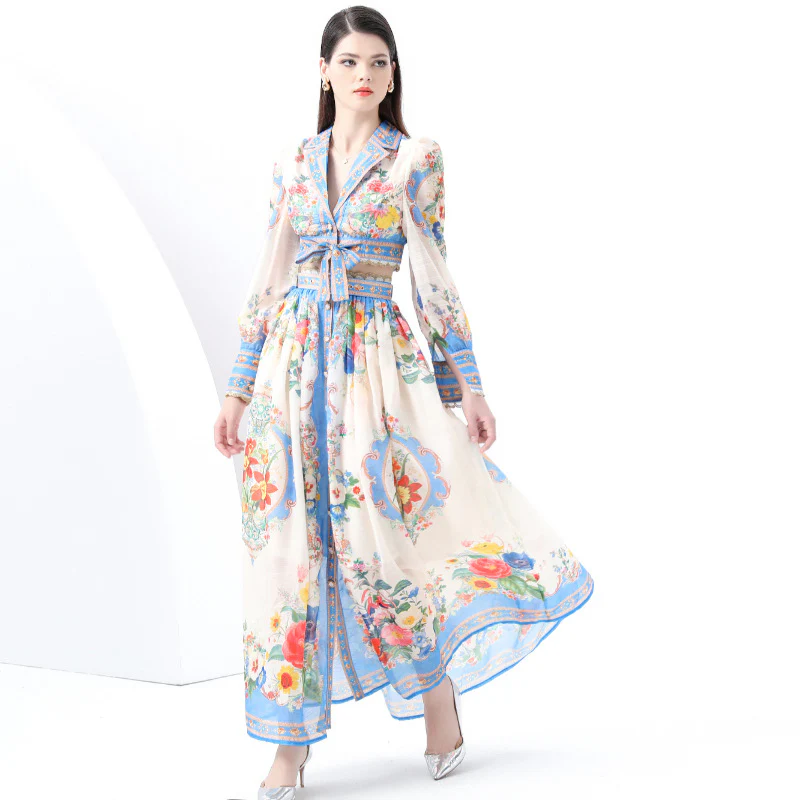 Popular, ,  New women's clothing vacation suit collar lace-up long-sleeved top + long high-waisted skirt - Deanwangkt