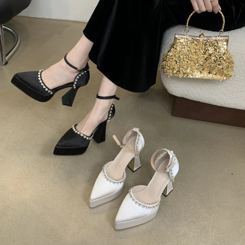 DEANWANGK  12cm Rhinestone Chain Fairy Women's Chunky Heels  Spring and Summer New  Style Temperament Pointed-Toe Hollowed Closed Toe High Heel Cool - Deanwangkt