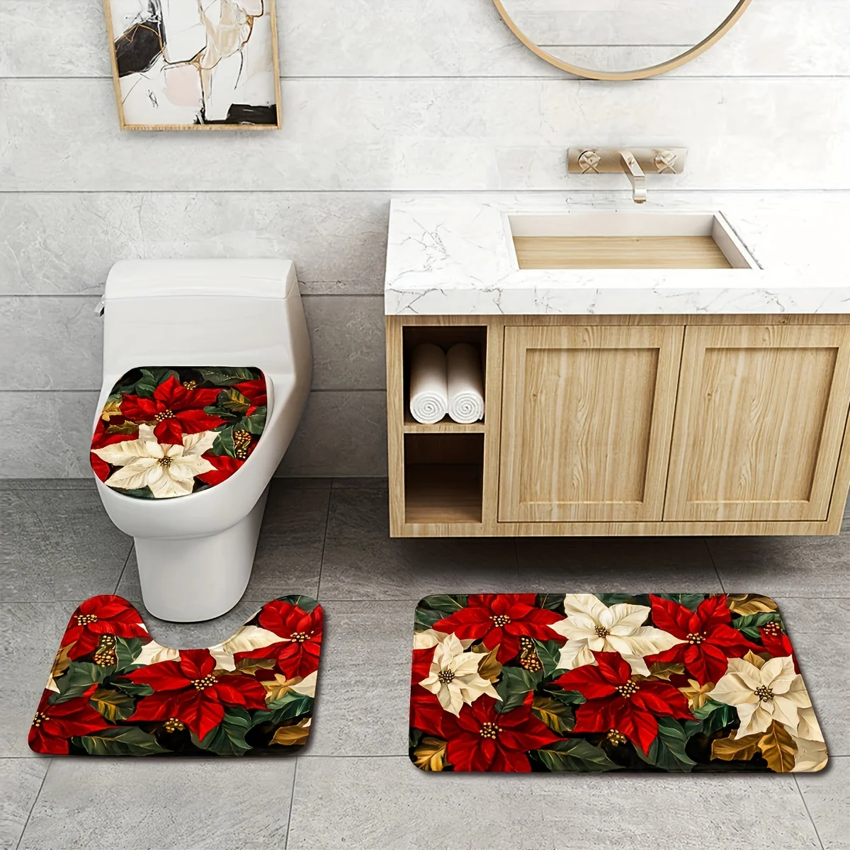 Christmas Floral 3pcs Bathroom Rug Set - Non-Slip, Washable Mats for Kitchen & Bedroom Decor - Includes Bath Mat, Contour Mat, and Toilet Lid Cover - Deanwangkt