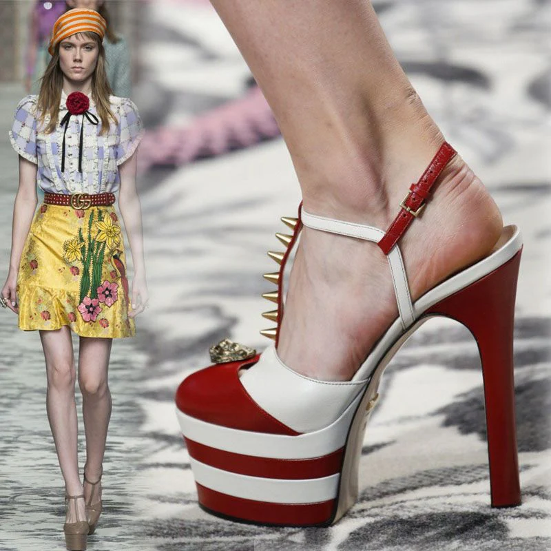 DEANWANGK  European and American High Heel Platform Shoes Closed Toe Platform Super-High Heels Platform Sandals Catwalk Color Matching plus Size Rivet Sexy Party Shoes - Deanwangkt