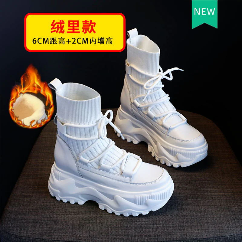 Martin Boots for Women Height Increasing Insole High-Top  Autumn and Winter Korean Style Muffin Bottom Cowhide Black Shoes One Piece Dropshipping Tide - Deanwangkt