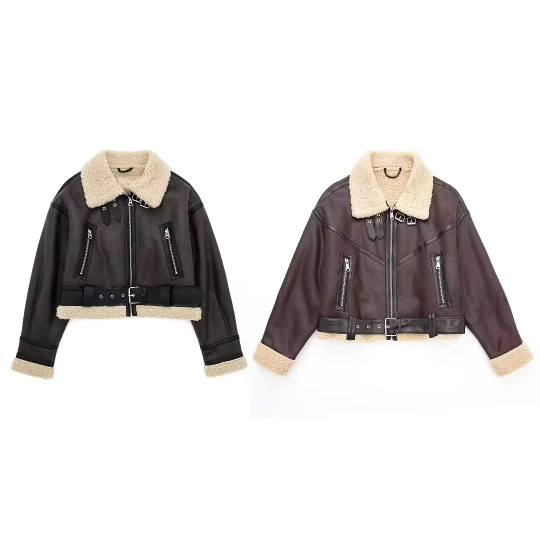 2023 European and American autumn women's new double-sided short jacket, winter locomotive fur integrated warm jacket - Deanwangkt