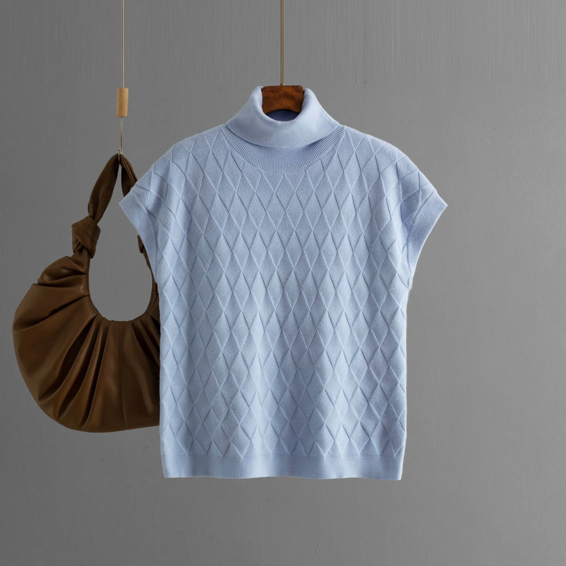 DEANWANGKT New autumn new turtleneck sleeveless knitted plaid sweater women's loose casual fashion thin top bottoming shirt - Deanwangkt