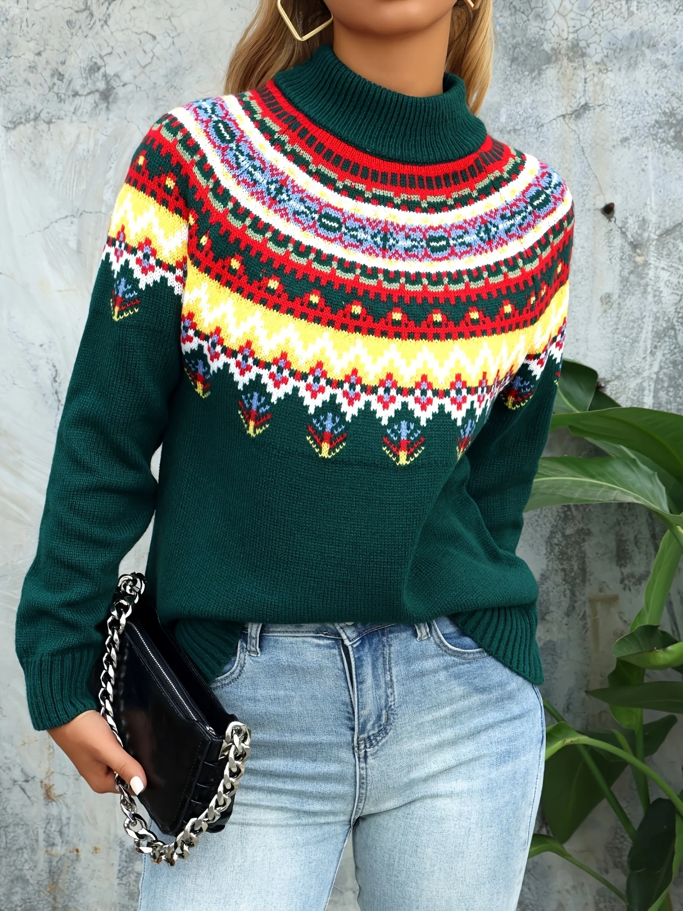 Women's Elegant Middle Eastern Style Acrylic Crew Neck Knit Pullover - Festive Snowflake & Wishing Tree Long Sleeve Sweater for Fall/Winter - Deanwangkt