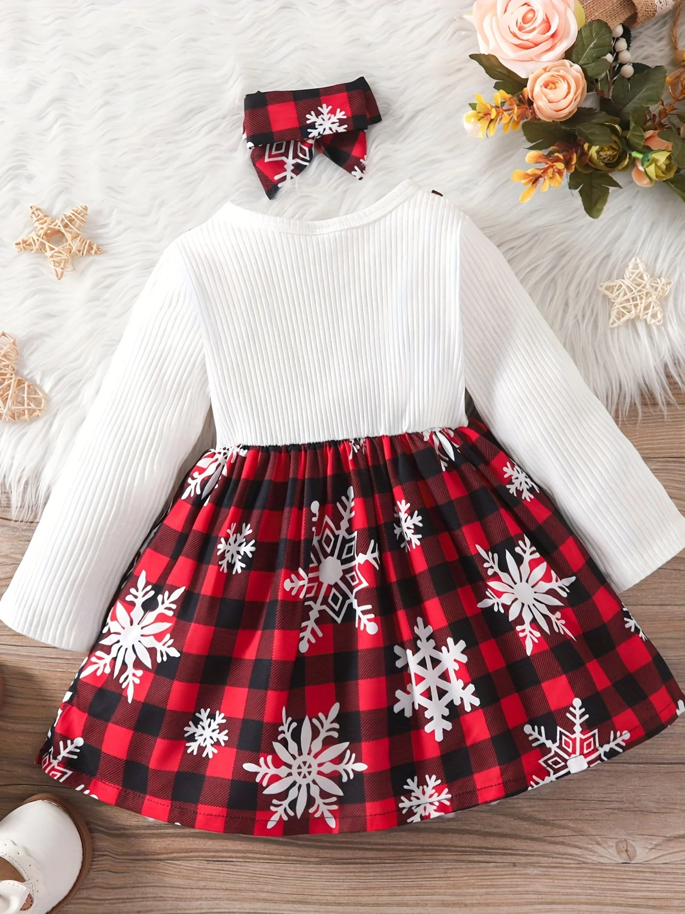 2pcs Toddler Girl's Christmas Style Cotton Ribbed Long Sleeve Dress and Headband Set - Soft, Plaid, Splicing, Spring and Autumn Wear - Deanwangkt