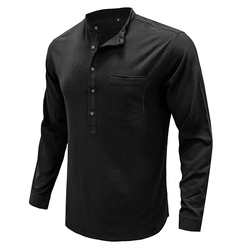 DEANWANGKT 2025 Cross-border men's shirts, autumn and winter  men's stand-up neck cotton and linen shirts, Popular trade long-sleeved Henry neck linen shirts - Deanwangkt
