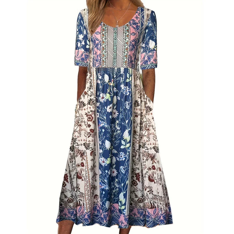 DEANWANGKT European and American  Summer New Women's round Neck Short Sleeve Dress Bohemian Print Dress Women - Deanwangkt