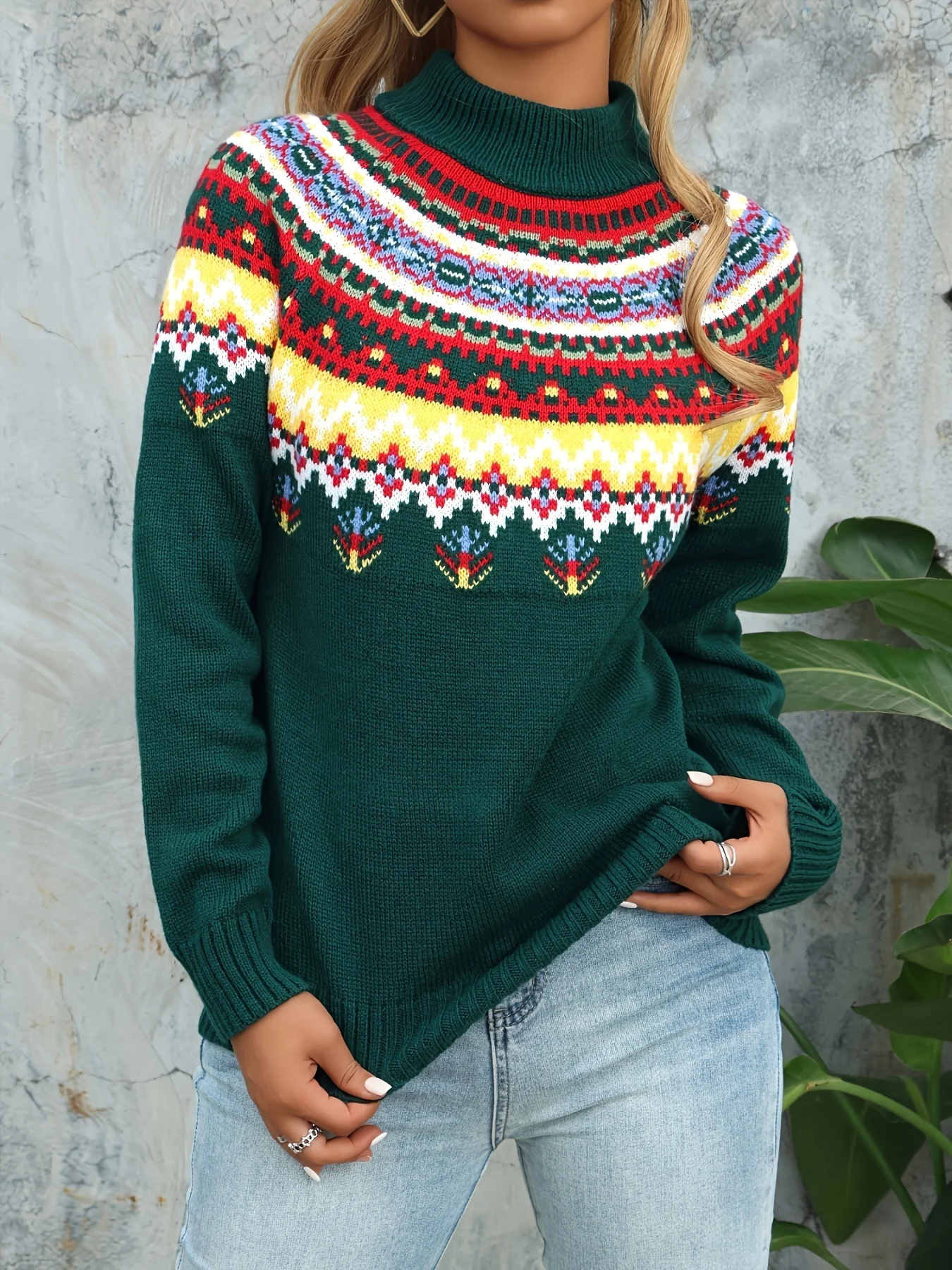 Women's Elegant Middle Eastern Style Acrylic Crew Neck Knit Pullover - Festive Snowflake & Wishing Tree Long Sleeve Sweater for Fall/Winter - Deanwangkt