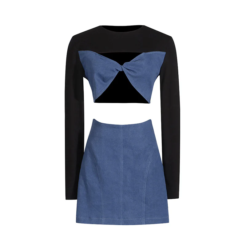 2025 hipster suit women's  spring and summer new round neck kink hollow top high waist skirt two-piece set - Deanwangkt