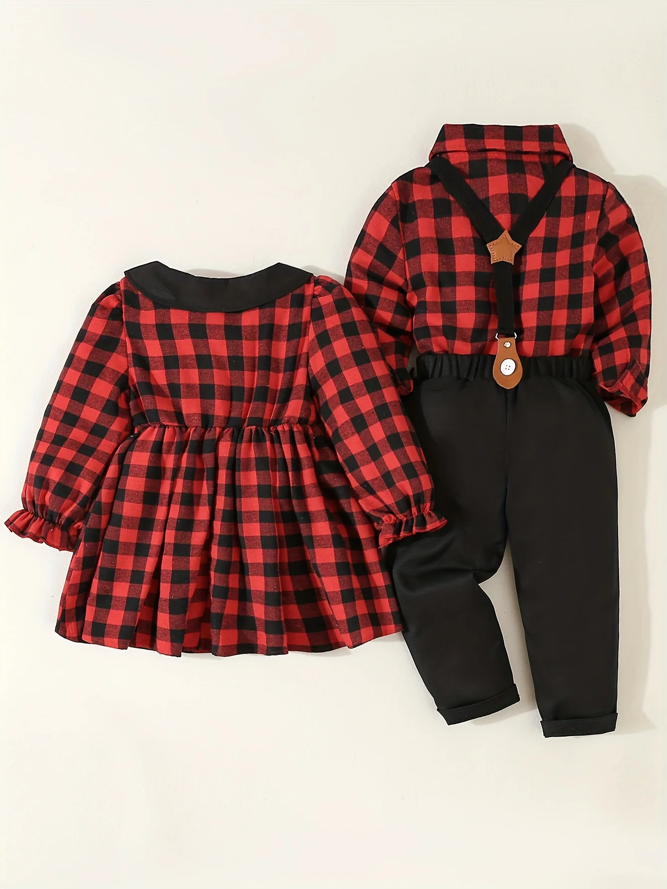 Youngsters's Brother and Sister Set, 1pc Not 2pcs, Please Purchase Boy or Girl Clothes Separately, Single Piece Girl Cute Doll Collar Red Plaid Waistline Long Sleeve Dress, 1 Set Boys Gentleman Suit Plaid Long Sleeve Shirt with Bow Tie + Casual Back - Deanwangkt