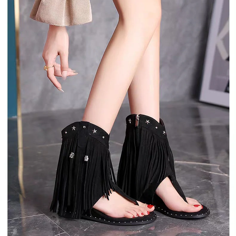 Summer New Fashion Trending Suede Ankle Boots Tassel Flip-Flops Open Toe Side Zipper Height Increasing Insole Roman Sandals - Deanwangkt