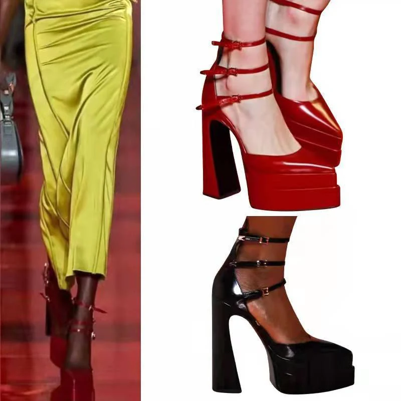DEANWANGK  European and American Catwalk Buckled Chunky Heel Pointed-Toe Hollowed Patent Leather Sandals Super High Heel Platform High Heel Platform Shoes Catwalk Heel Shoes - Deanwangkt