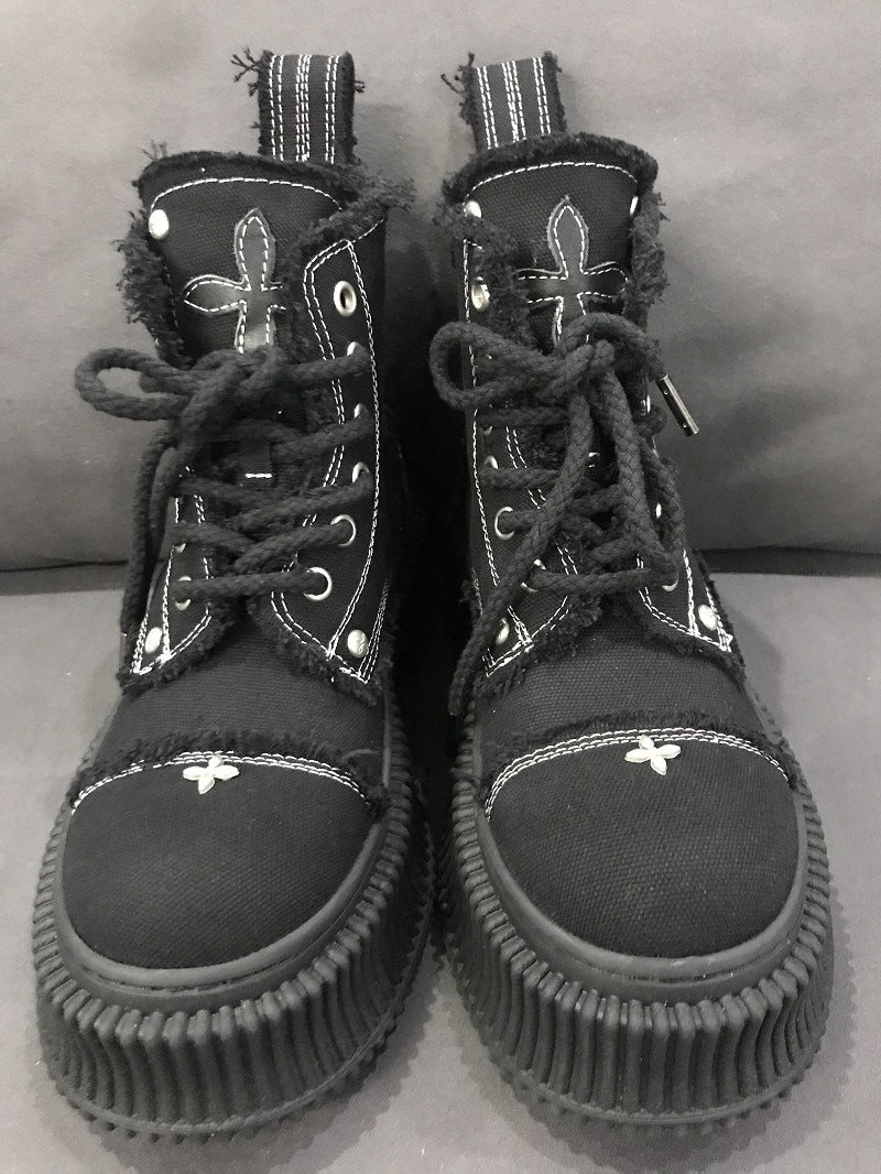 SK Black Biscuit Wilderness Wind Boots Washed Wheat Cowhide Canvas Cover Mid-Calf Martin Boots Cruciate Flower Shoes - Deanwangkt