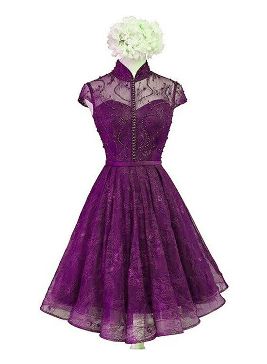 Solvbao Beautiful Purple Lace Knee Length High Neckline Party Dress, Lace Wedding Party Dress - Deanwangkt