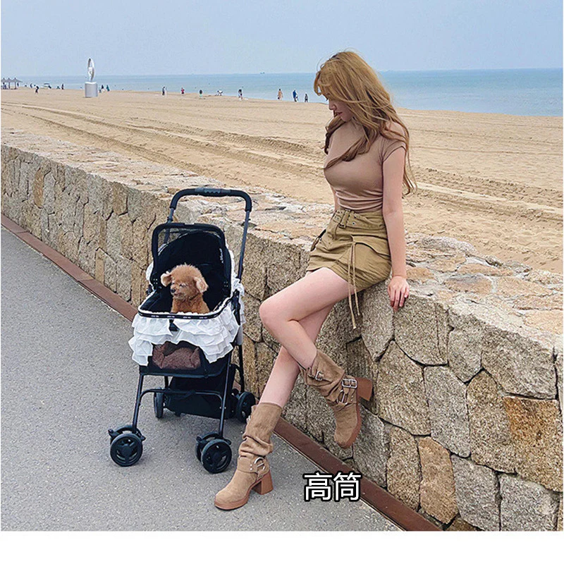 Breathable Thin and Brown Boots Women's Boots  New Thick Bottom Pile Style Boots Thick Heel Western Denim Thigh High Boots - Deanwangkt