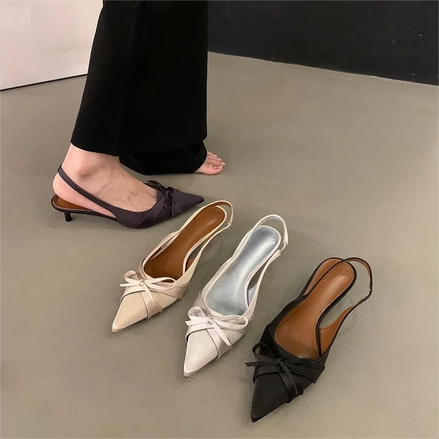 2025  pointed bow high heels women's thin heels popular new summer temperament socialite bag head sandals shoes - Deanwangkt