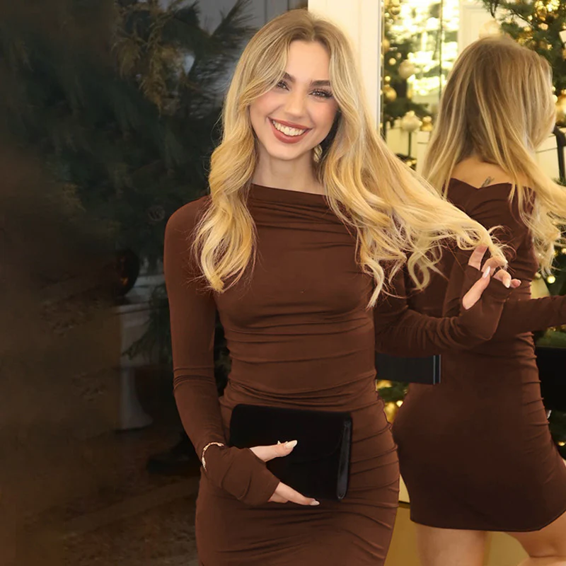 2025 DEANWANGKT  Popular trade  women's clothing autumn and winter new temperament solid color diagonal collar shoulder long sleeve slim hip dress women - Deanwangkt