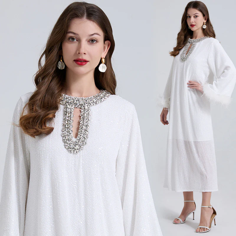 style straight long skirt heavy industry bead-encrusted ostrich hair sleeve pleated skirt loose and thin light luxury age dress - Deanwangkt